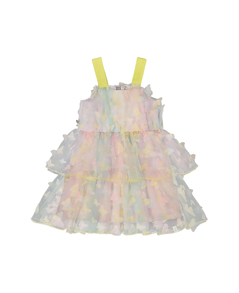 Deux Par Deux Girl's Tiered Printed Mesh Dress Multicolored With Butterflies In Multicolored With Butterflies