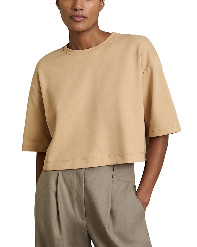 Reiss Womens Round-neck Cropped Boxy Stretch-cotton T-shirt Sand In Sand