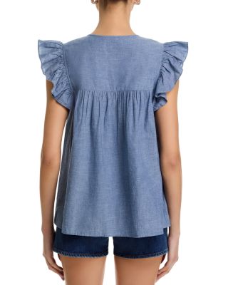 Chambray Embroidered Ruffle Top