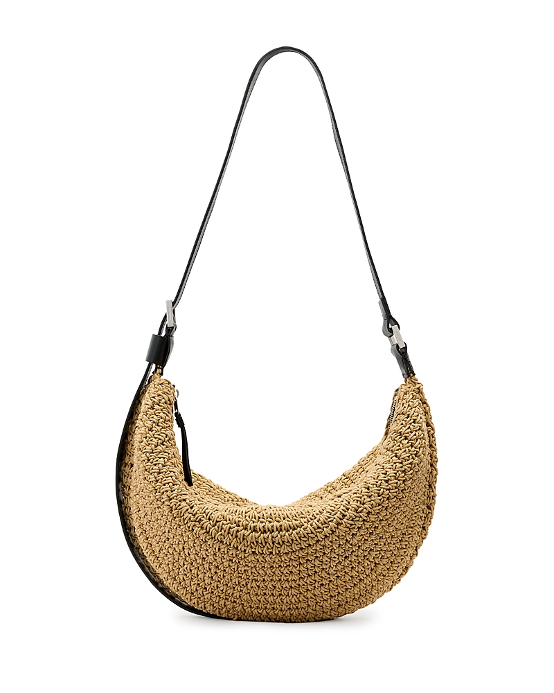 Allsaints Half Moon Straw Textured Shoulder Bag In Natural Brown