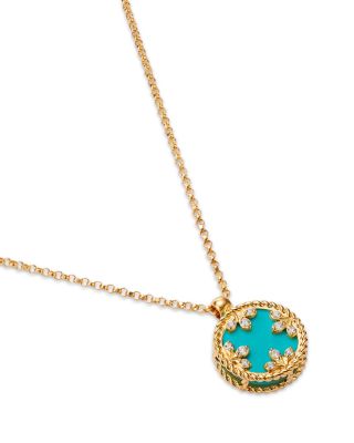 18K Yellow Gold Venetian Princess Medallion Turquoise, Mother of Pearl, & Diamond Reversible Pendant Necklace, 16-17"