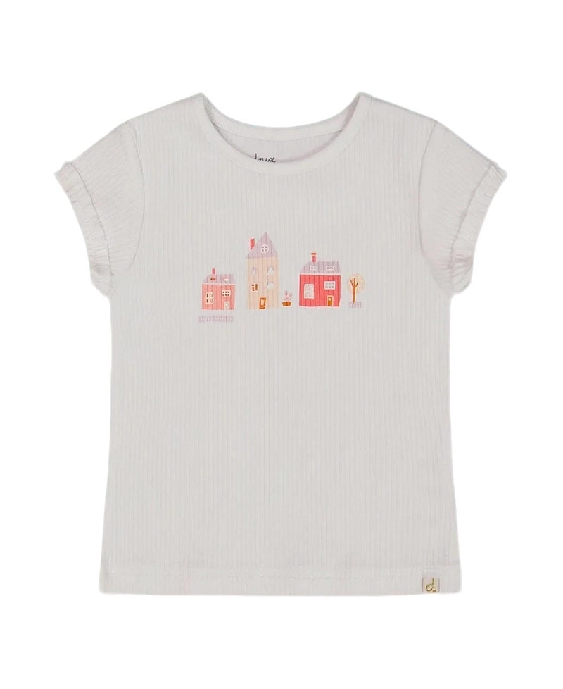 Deux Par Deux Girl's Flat Back Rib Top With Print White And Pink House In White And Pink House