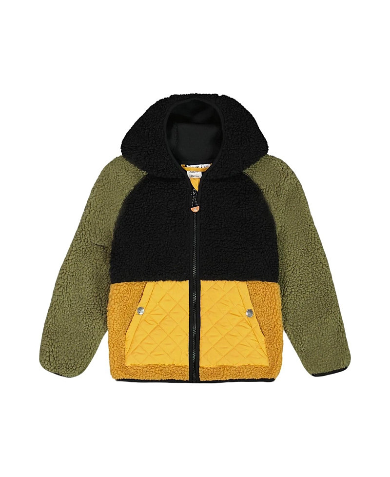 Deux Par Deux Boys' Sherpa Mid-season Colorblock Jacket - Baby In Black/tan/and Olive Green