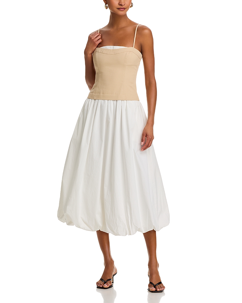 Line & Dot Anitha Mixed Media Midi Dress In Beige/white