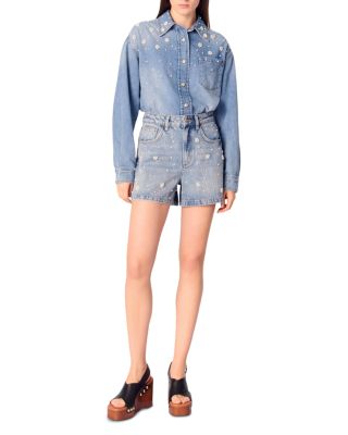 Denim Shorts with Embroidered Beads