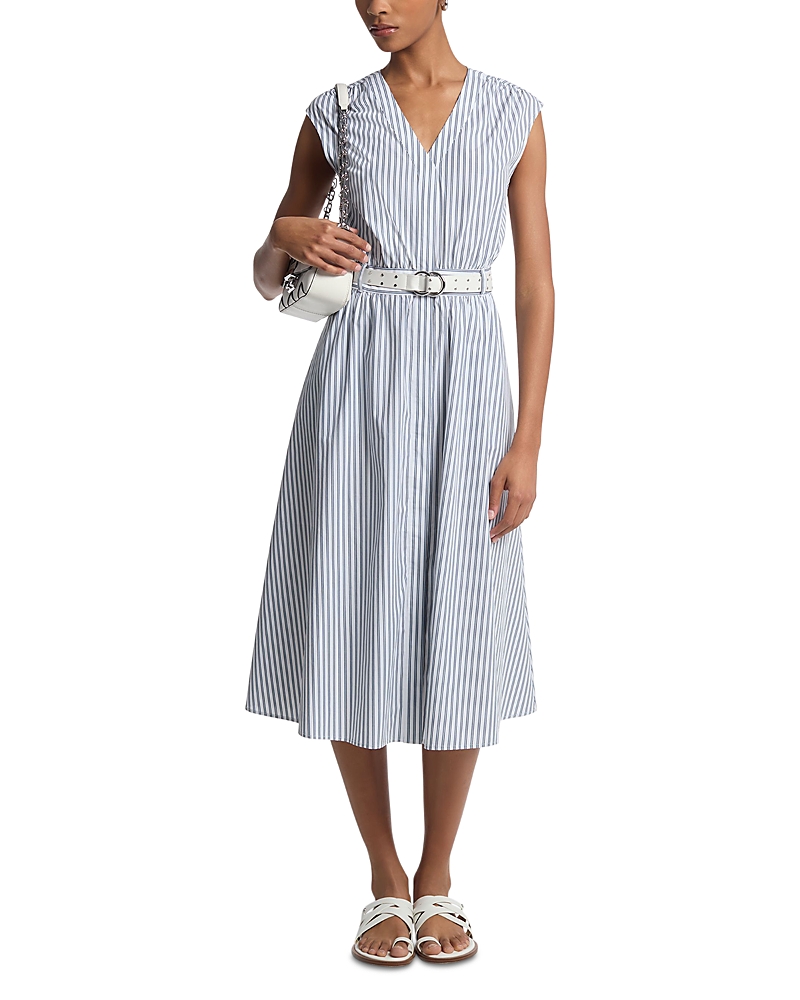 Michael Kors Striped Cotton Poplin Belted Midi Dress In Midnight Blue