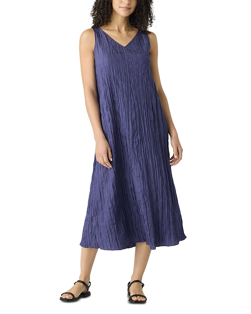 Eileen Fisher Pleated Silk Midi Dress In Bluette
