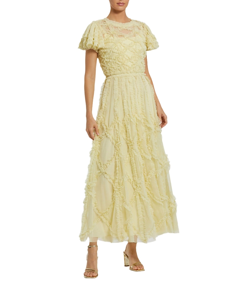 Mac Duggal Solid Mesh Dotted Micro Ruffle High Neck Dress In Buttercup