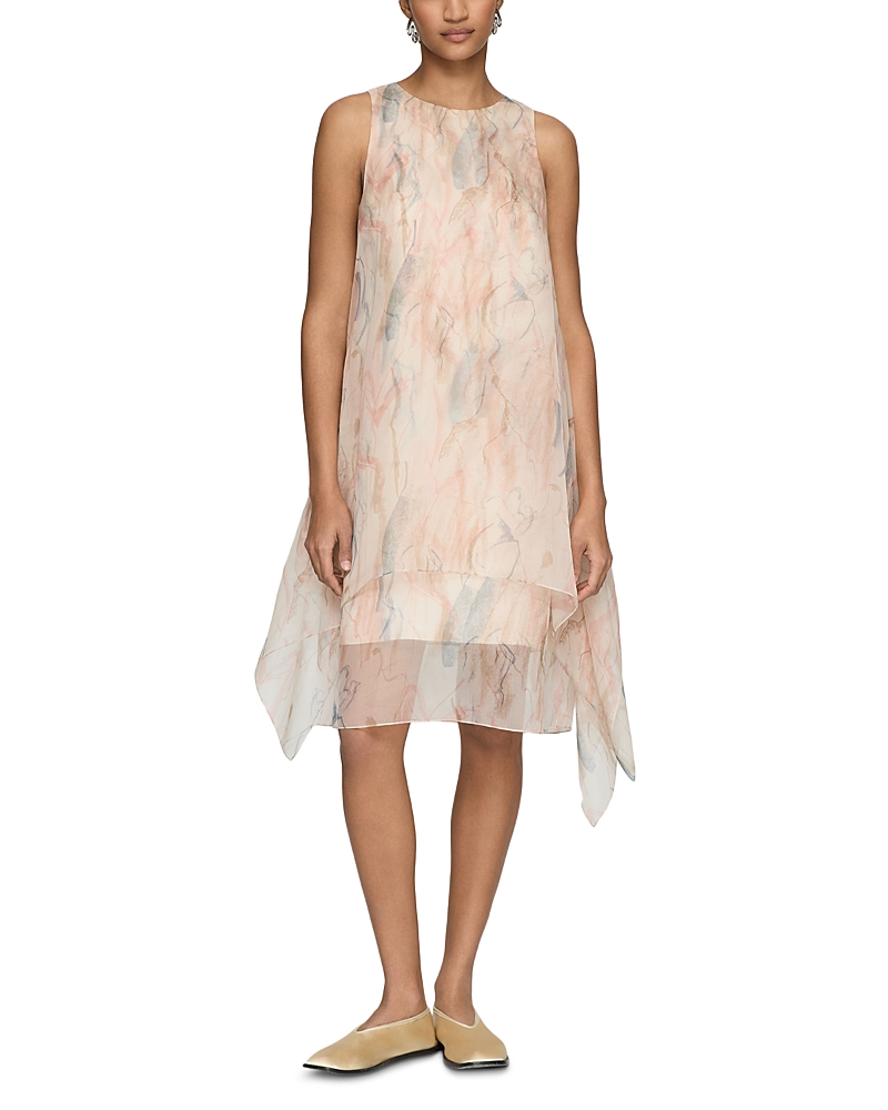 Lafayette 148 New York Gesture Print Layered Handkerchief Hem Silk Organza Dress In Raffia Multi