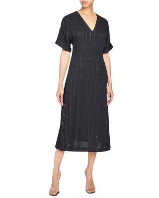 Santorelli - Serafina&nbsp;Short Sleeve Midi Shift Dress with Side Skirt Buttons in Metallic Striped Linen