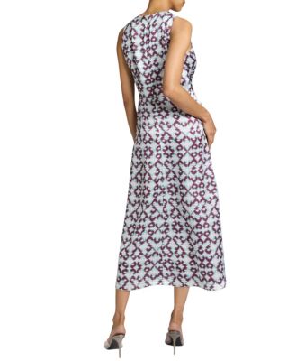 EDEN Sleeveless Fit and Flare Midi Dress with Center Ruching in Graphic Printed Charmeuse