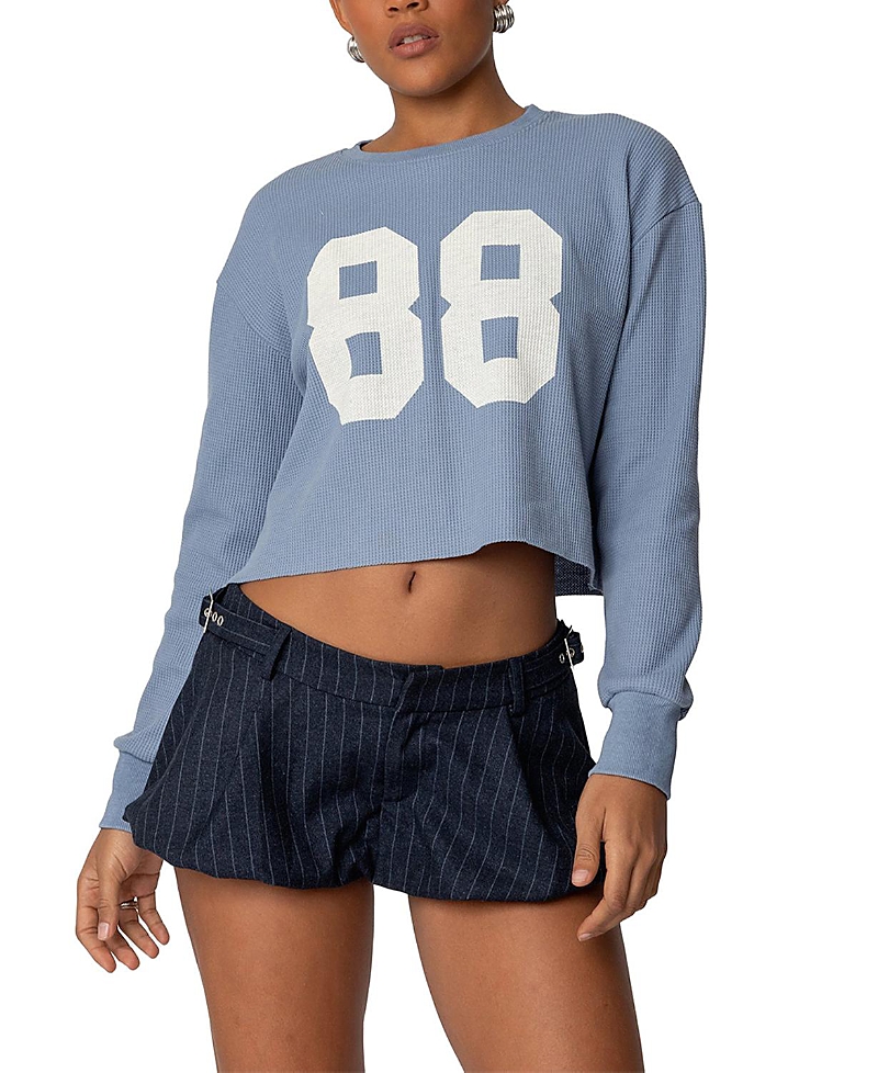 Edikted 88 Long Sleeve Crop Waffle Knit T-shirt In Blue