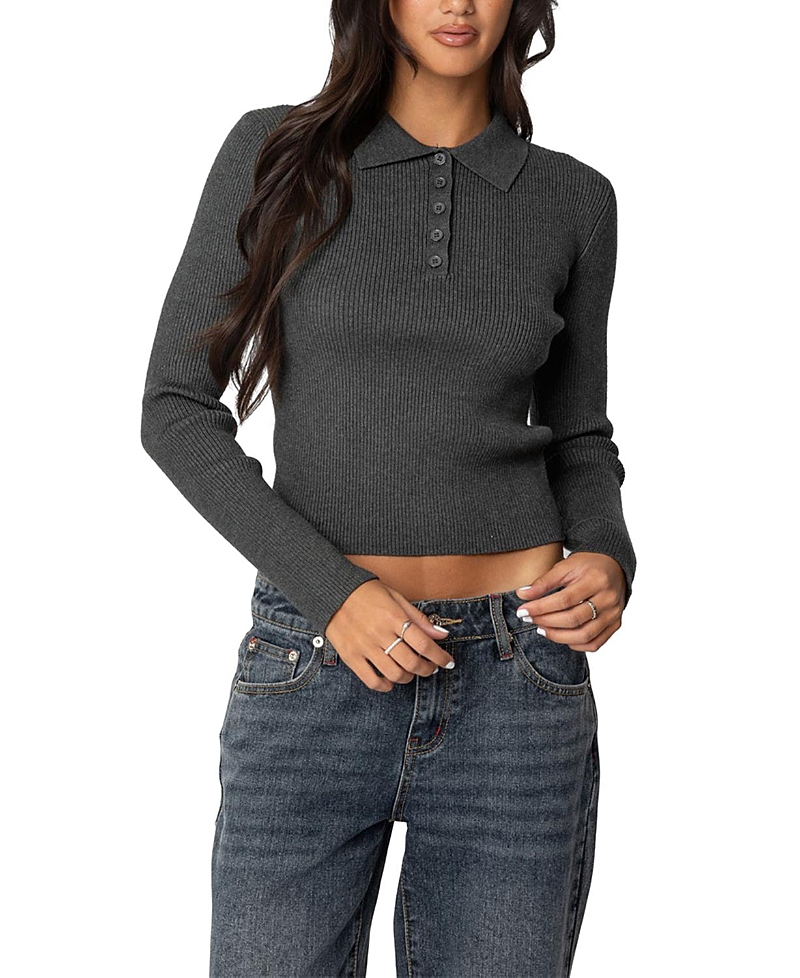 EDIKTED MOLLIE COLLARED RIBBED KNIT TOP