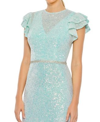 Sequined High Neck Flutter Sleeve Gown