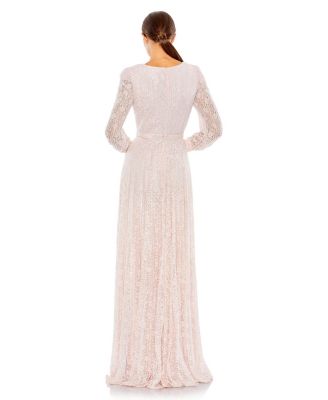 Beaded Lace Long Sleeve Wrap Over Gown