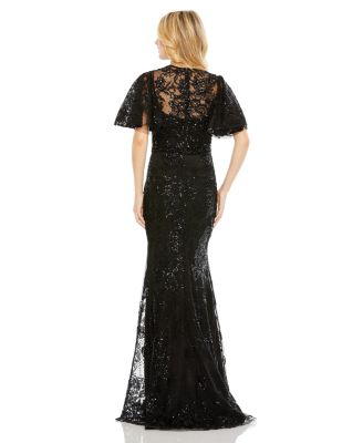 Embellished Flutter Sleeve High Neck Gown