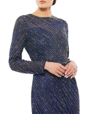 Long Sleeve Beaded Column Gown