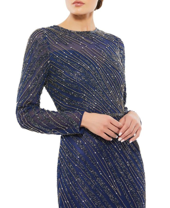 Long Sleeve Beaded Column Gown