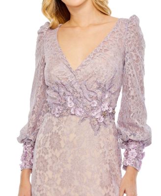 Lace Long Sleeve V Neck Embellished Gown