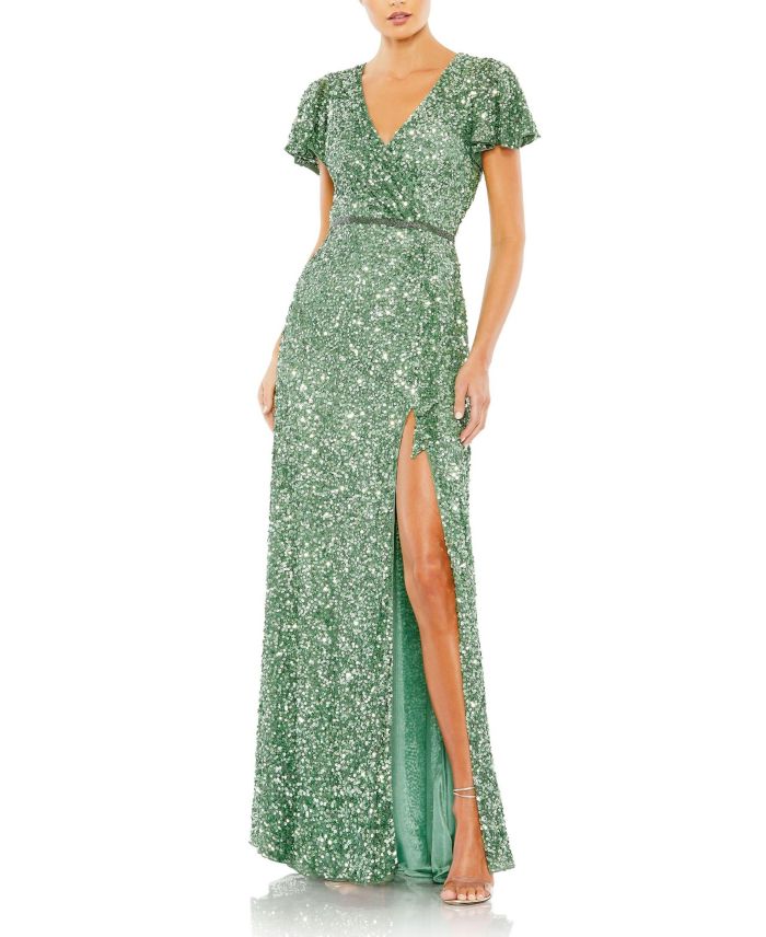 Sequined Wrap Over Butterfly Sleeve Draped Gown