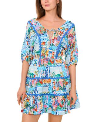 Printed Tie Front Three Tier Mini Dress