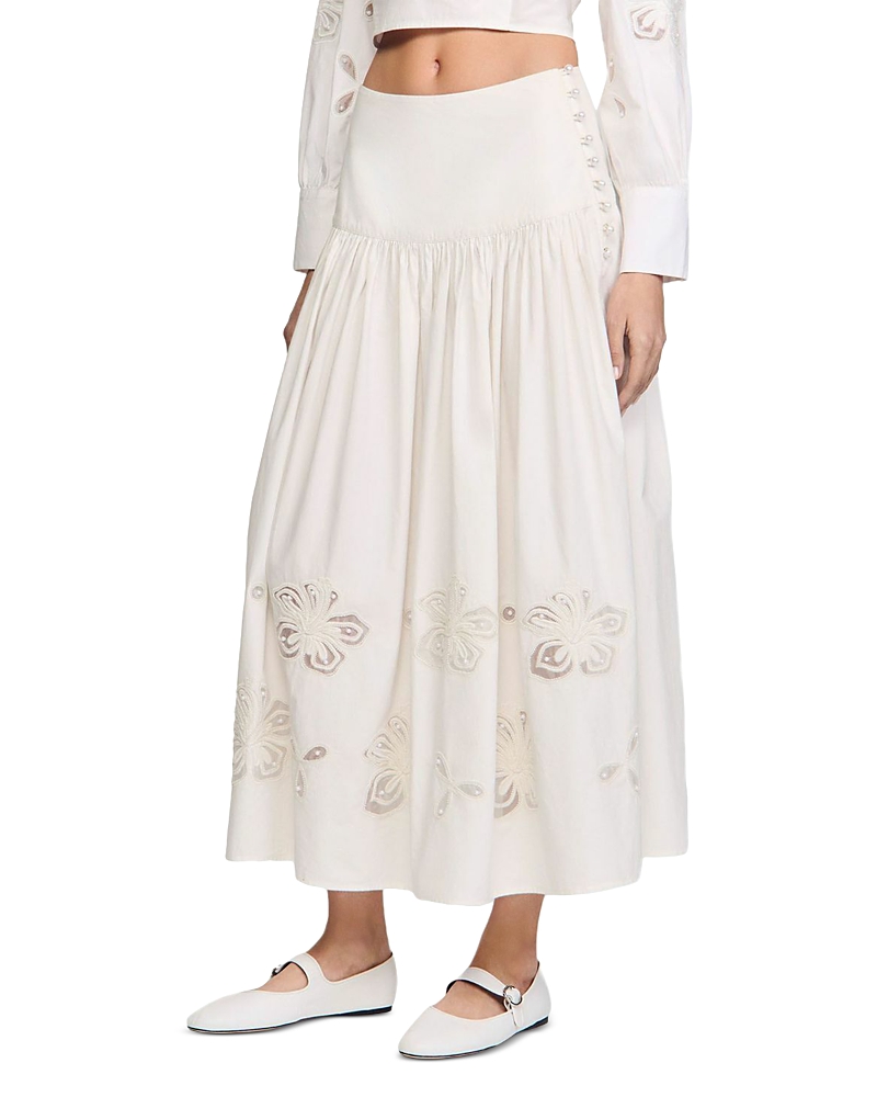 Sandro Edonie Embroidered Midi Skirt In Ecru