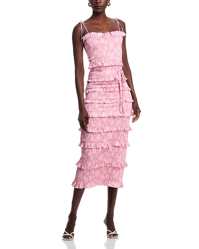 V. Chapman Lily Smocked Floral Print Ruffle Trim Midi Dress