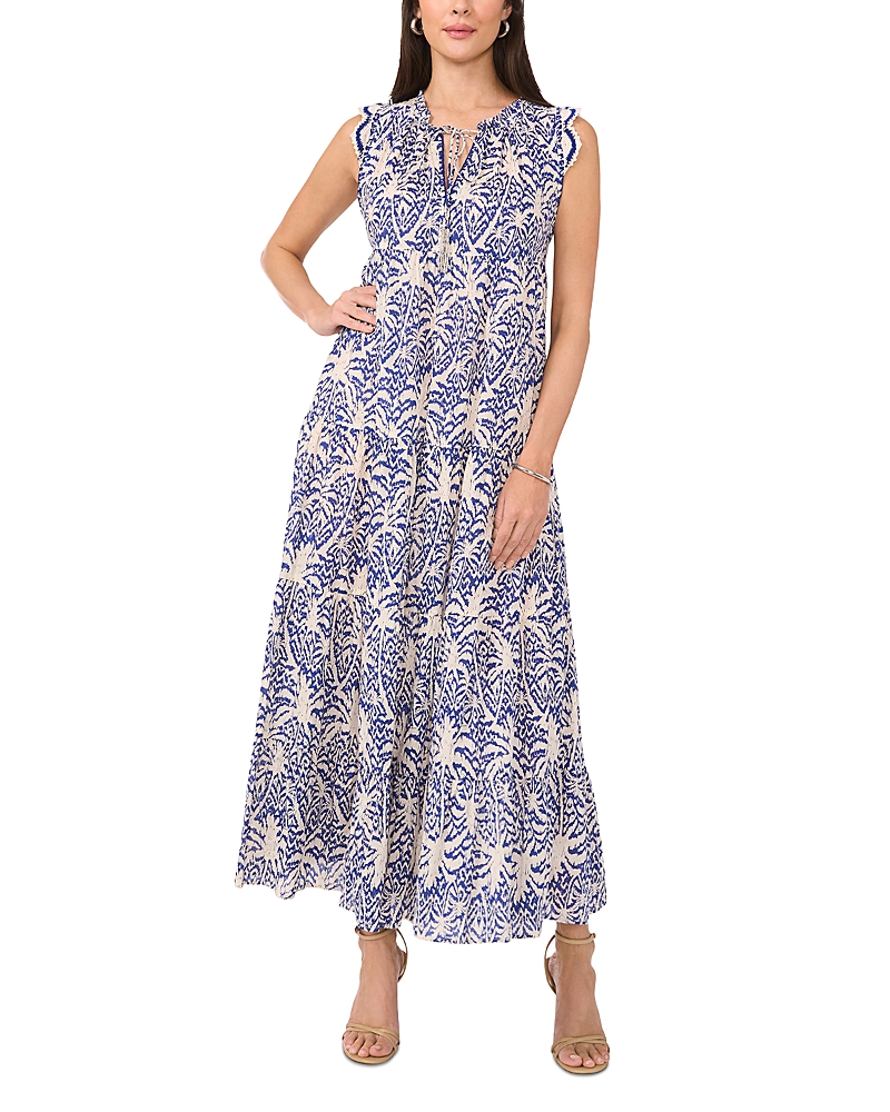 Vince Camuto Tie Neck Tiered Cotton Maxi Dress In Deep Blue