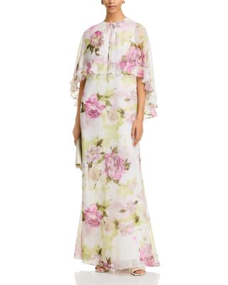 Chiffon Floral Ruffled Capelet Gown
