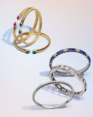 18K White Gold Stretch Collection Blue Sapphire &amp; Diamond Flower Motif Bracelet - Exclusive