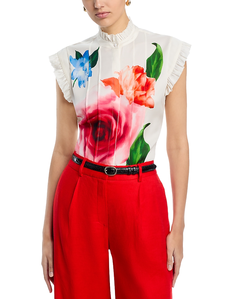 Elie Tahari The Chloe Ruffle Floral Stretch Silk Button-up Shirt In Spring Memories