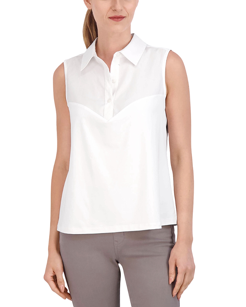 Foxcroft Mixed Media Sleeveless Button-up Shirt In White