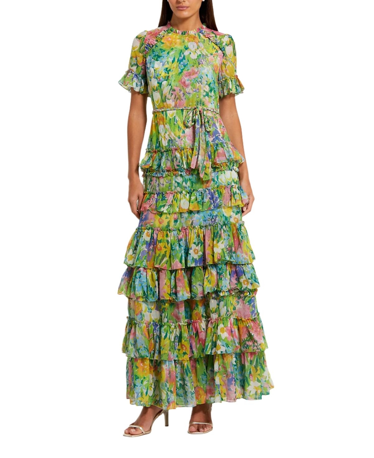 Mac Duggal Floral Printed Chiffon Tiered Ruffle Gown