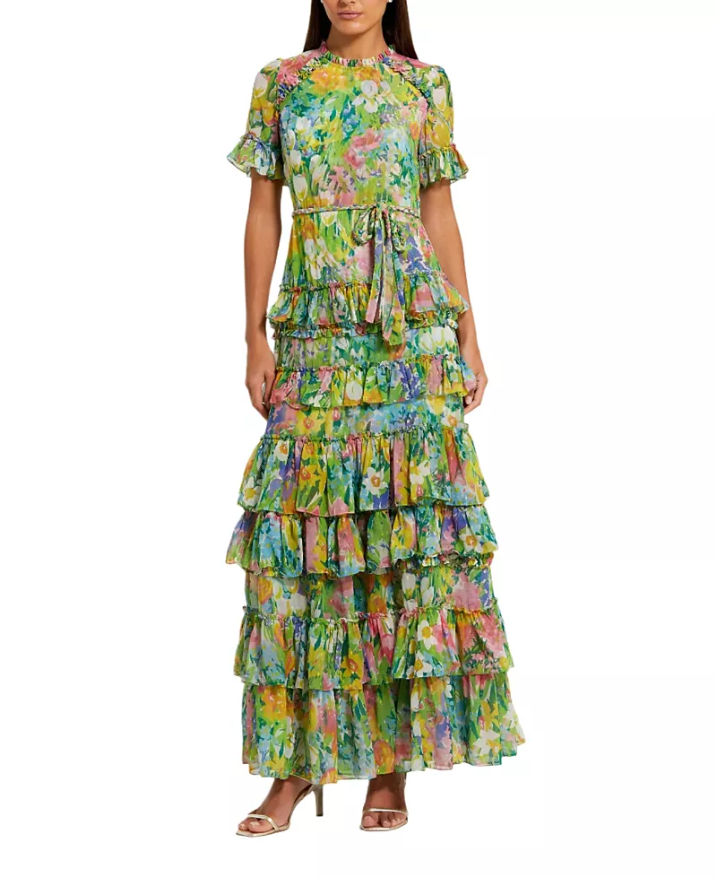 Mac Duggal Floral Printed Chiffon Tiered Ruffle Gown