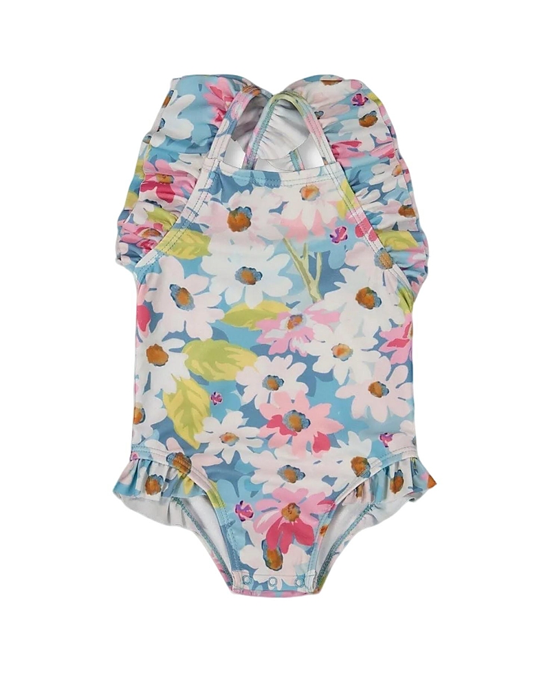 Deux Par Deux Girls' Printed One-piece Swimsuit With Frills - Baby In White/pink/and Green Flowers