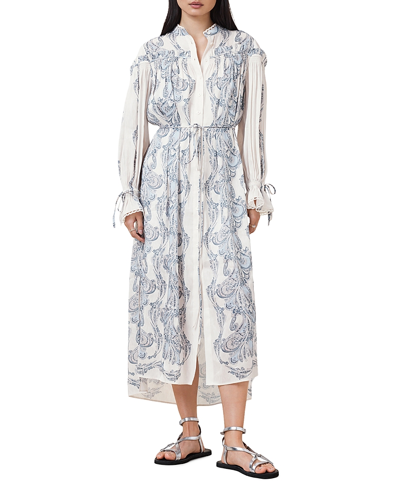 Allsaints Womens Delphine Floral-print Linen-blend Midi Shirt Dress Lita Soft Blue In Lita Soft Blue