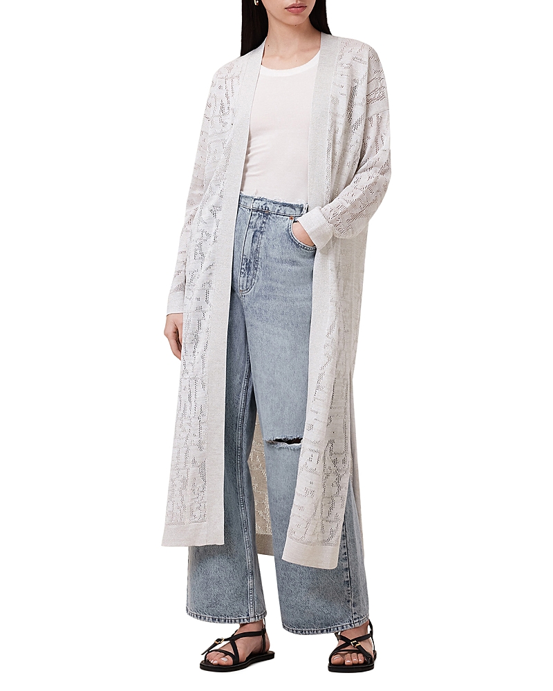 Allsaints Kaito Open Stitch Sheer Mesh Open Front Longline Cardigan In Chalk White