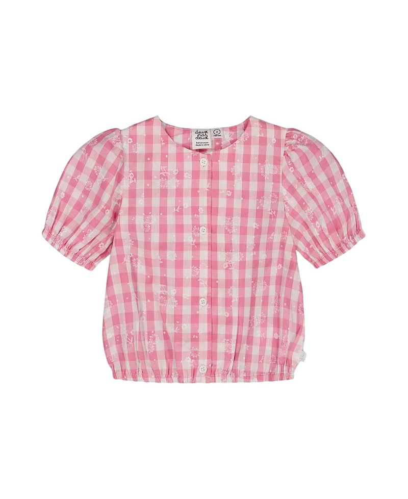 Deux Par Deux Little Girl's Puff Sleeve Top Pink And White Checks In Pink And White Checks