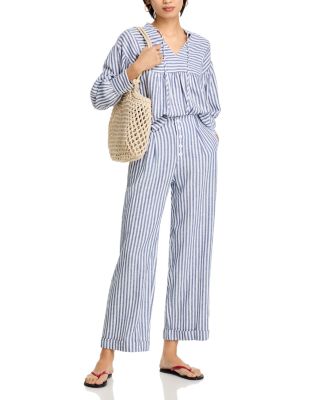 AQUA - Striped Long Sleeve Popover & Button Wide Leg Pants - Exclusive