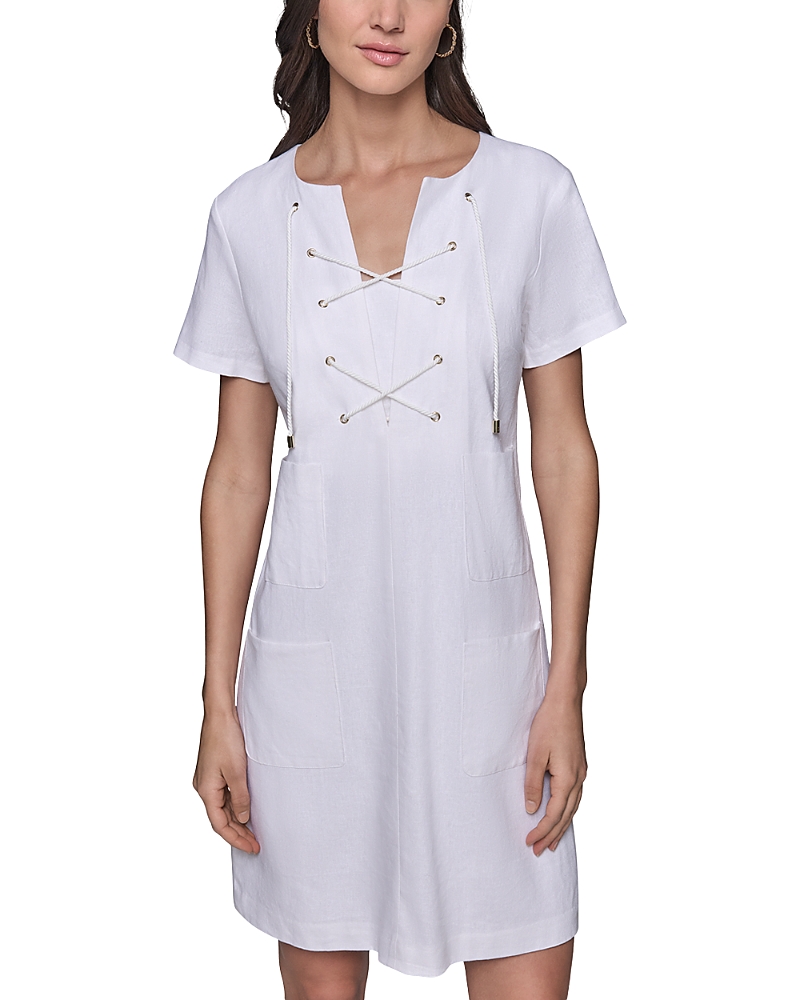 Karl Lagerfeld Linen Blend A Line Dress In Soft White