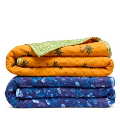 Cranes Indigo/Bird of Paradise Faded Banana Reversible Quilt, Queen