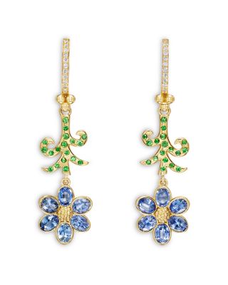18K Yellow Gold FJ Blue Sapphire, Tsavorite & Diamond Fiori Flower Drop Earrings