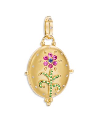 Temple St. Clair - 18K Yellow Gold FJ Multi Gemstone & Diamond Flower & Stem Oval Locket
