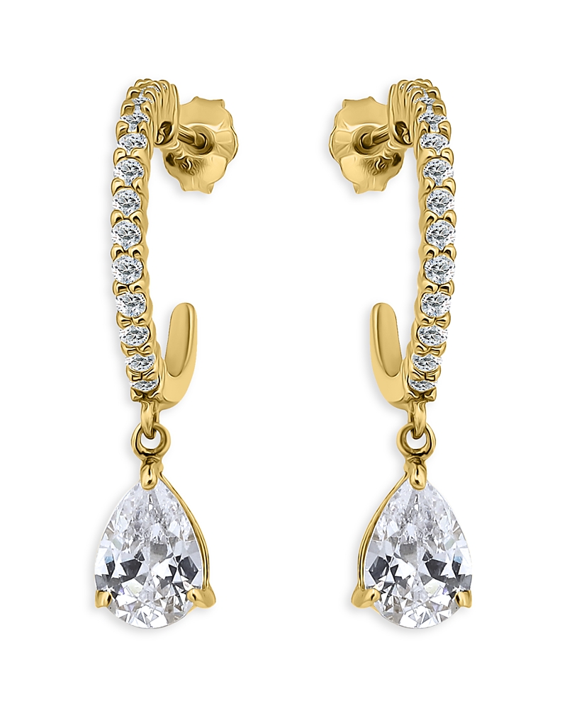 Aqua Cubic Zirconia Pear Shape Charm Pave Half Hoop Earrings In 18k Gold Plated Sterling Silver - Exclusi In Gold