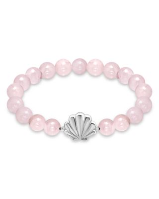Clam Shell Charm Gemstone Beaded Stretch Bracelet in Sterling Silver - Exclusive