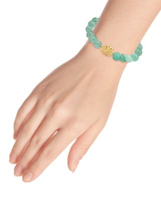Clam Shell Charm Gemstone Beaded Stretch Bracelet in 18K Gold Plated Sterling Silver - Exclusive