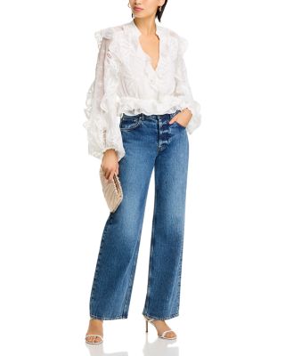 Ruffled Plunge V Embroidered Top  