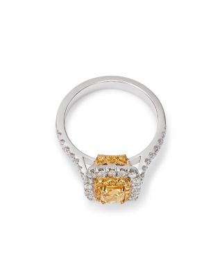 White & Yellow Diamond Cushion Square Halo Ring in 18K Yellow & White Gold, 1.15 tcw