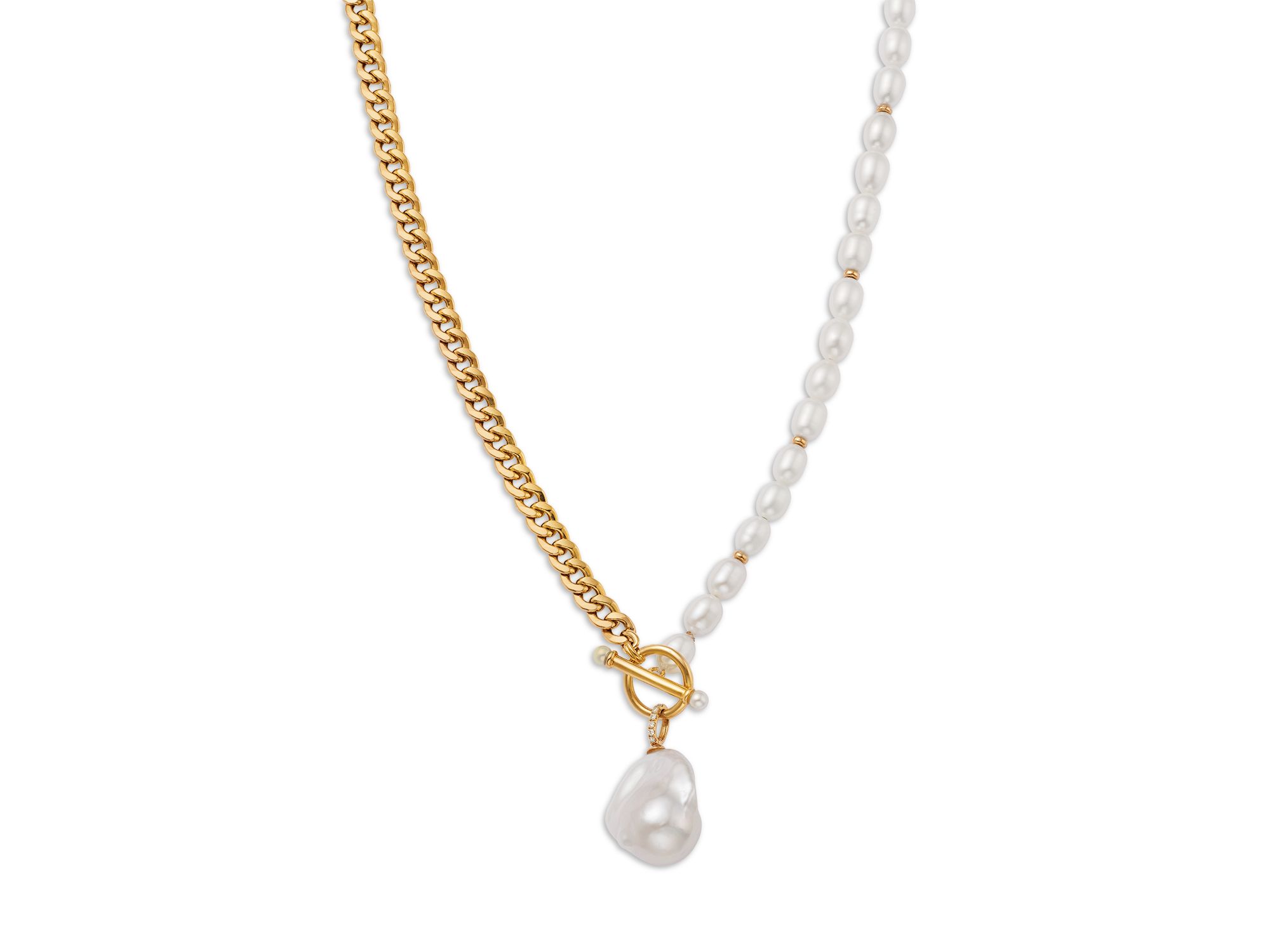 Freshwater Pearl & Diamond Toggle Necklace in 14K Yellow , 18" - Image 1
