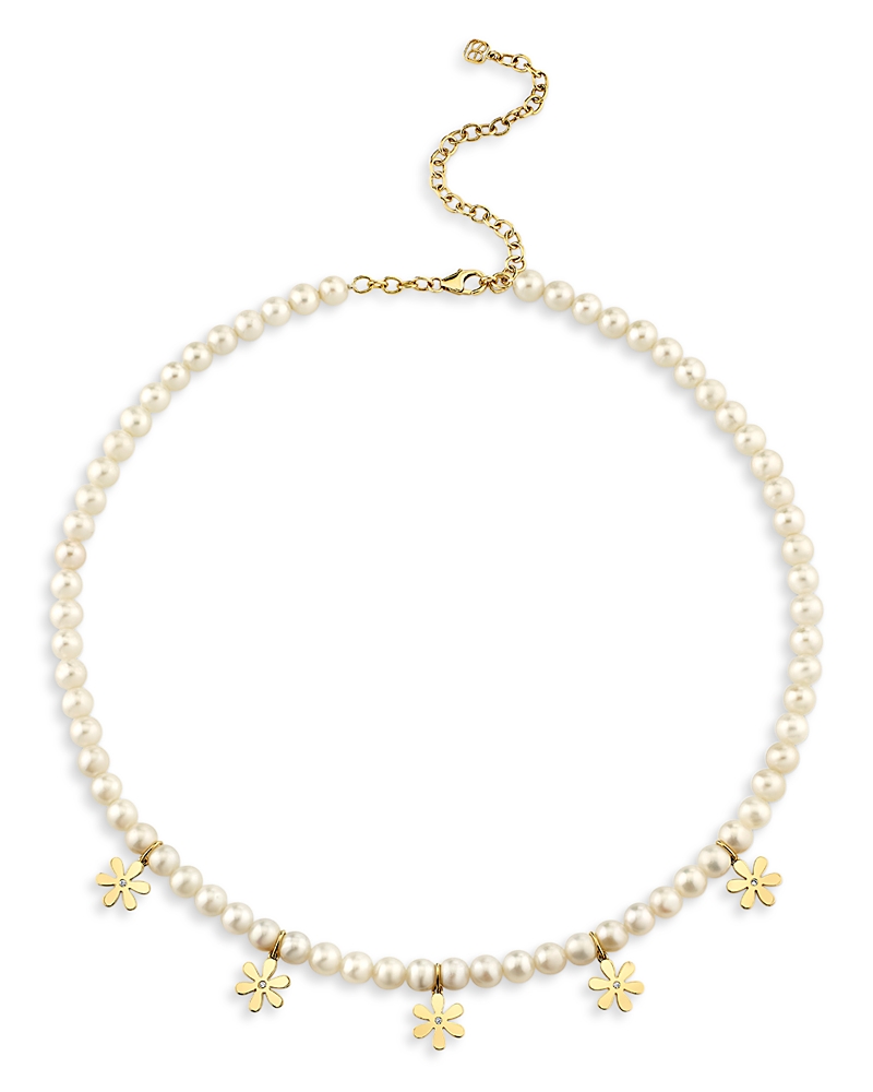 Sydney Evan 14K Yellow Gold Freshwater Pearl & Diamond Daisy Charm Necklace, 18